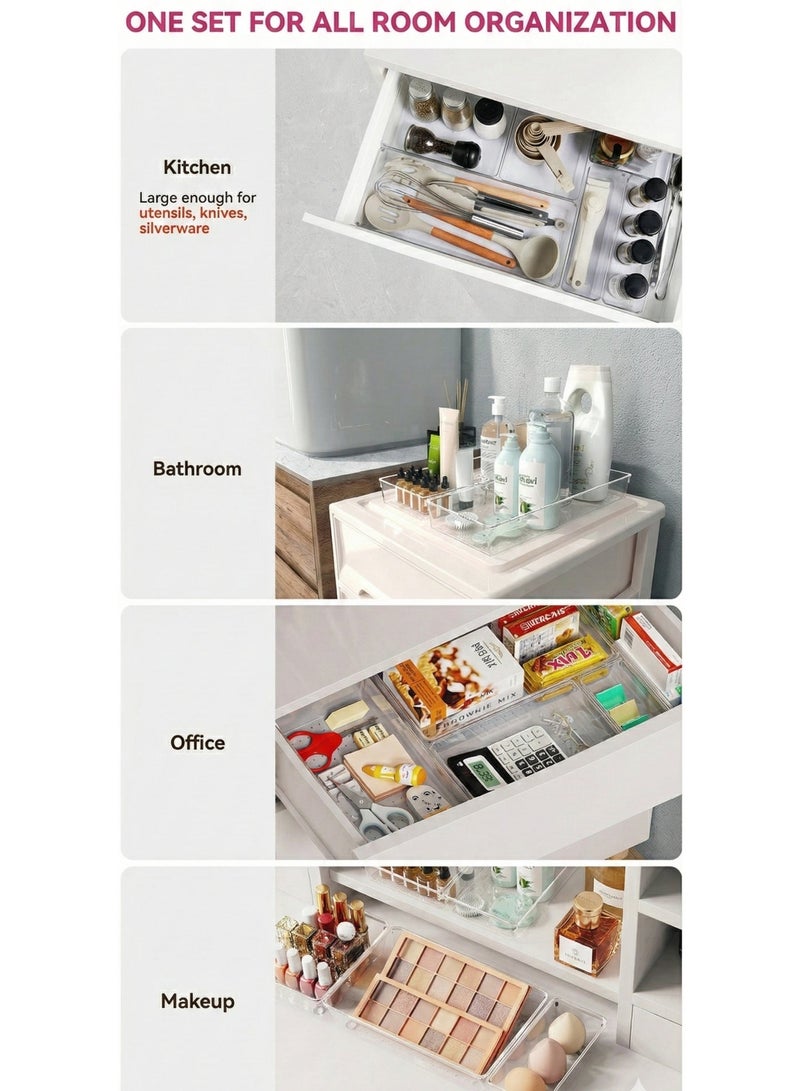 أيه بي جي مجموعة منظم أدراج من البلاستيك الشفاف، مكونة من 16 قطعة - 4 أحجام لتقسيم المكتب مع 70 وسادة لاصقة مضادة للانزلاق، مثالية كمنظم للمكياج، منظم للمجوهرات، أدوات في المطبخ، غرفة النوم، الحمام، والمكتب - Image 3
