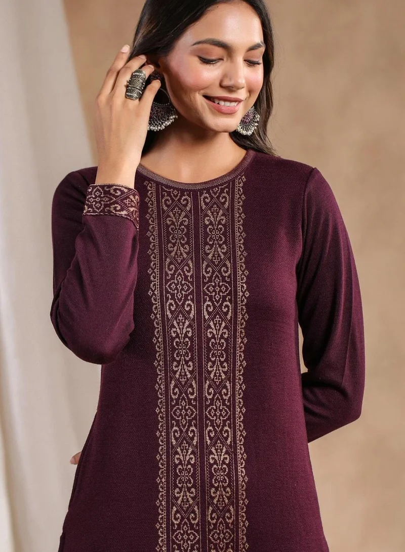 آي شين تونيك نسائي بنفسجي بوليستر مطرز بقصة مستقيمة