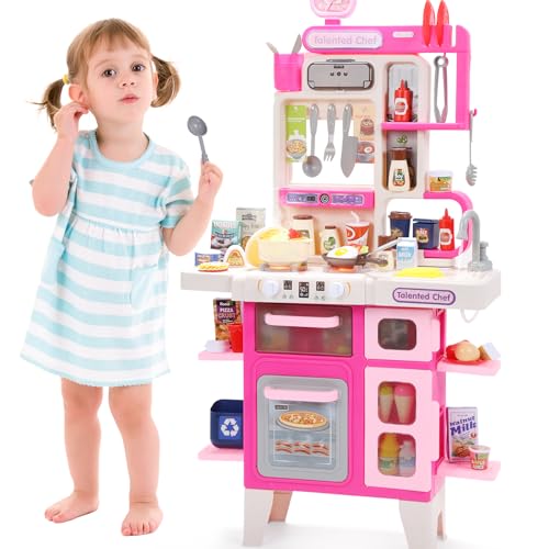 CUTE STONE Kids Kitchen Playset Play Kitchen Set with Sound Light Cooking Stove with Steam Toy SinkPlay Food Toy and Kitchen Accessories for Pretend Play Kitchen Toy Set for Toddler Girls Pink - Image 1