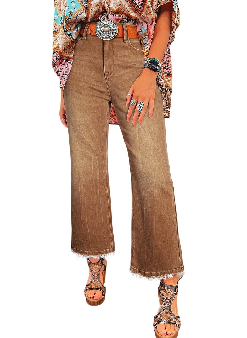 Astylish Flared Jeans for Women Trendy High Waisted Wide Leg Jeans Baggy Stretchy Raw Hem 2025 Fall Cropped Denim Pants Size 4 Brown - Image 1