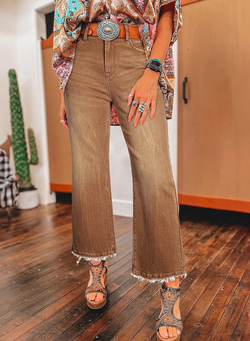 Astylish Flared Jeans for Women Trendy High Waisted Wide Leg Jeans Baggy Stretchy Raw Hem 2025 Fall Cropped Denim Pants Size 4 Brown - Image 2