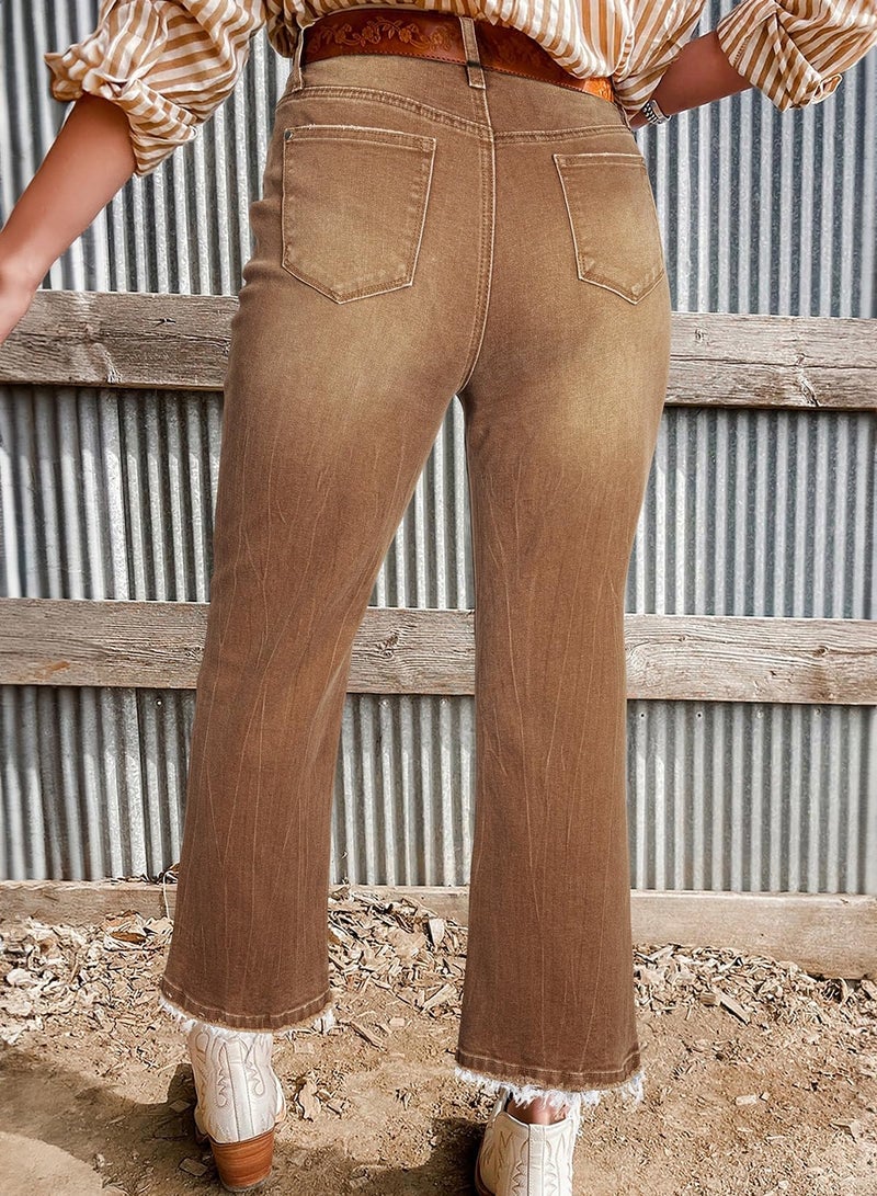 Astylish Flared Jeans for Women Trendy High Waisted Wide Leg Jeans Baggy Stretchy Raw Hem 2025 Fall Cropped Denim Pants Size 4 Brown - Image 3