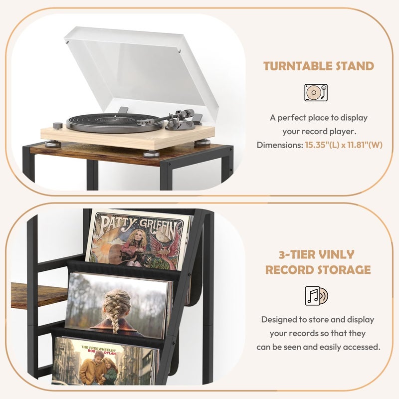 Bikoney Record Player Stand, Guitar Stand for Acoustic, Electric Guitar, Bass with Amp Stand, 3-Tier Vinyl Record Storage Up to 200 Albums, Record Player Table for Record Player, Speaker, Amplifier - Image 3