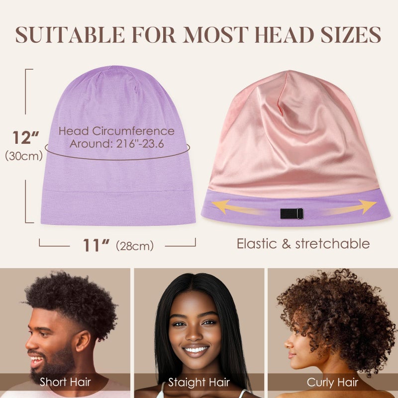 LULUSILK Mulberry Silk Lined Sleep Cap, No More Frizzy Tangled Hair, Stay On All Night Silk Hair Wrap for Sleeping with Adjustable Strap, Silk Bonnet for Women and Men, Lavender, Pack of 1 - Image 5