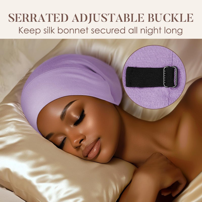 LULUSILK Mulberry Silk Lined Sleep Cap, No More Frizzy Tangled Hair, Stay On All Night Silk Hair Wrap for Sleeping with Adjustable Strap, Silk Bonnet for Women and Men, Lavender, Pack of 1 - Image 4