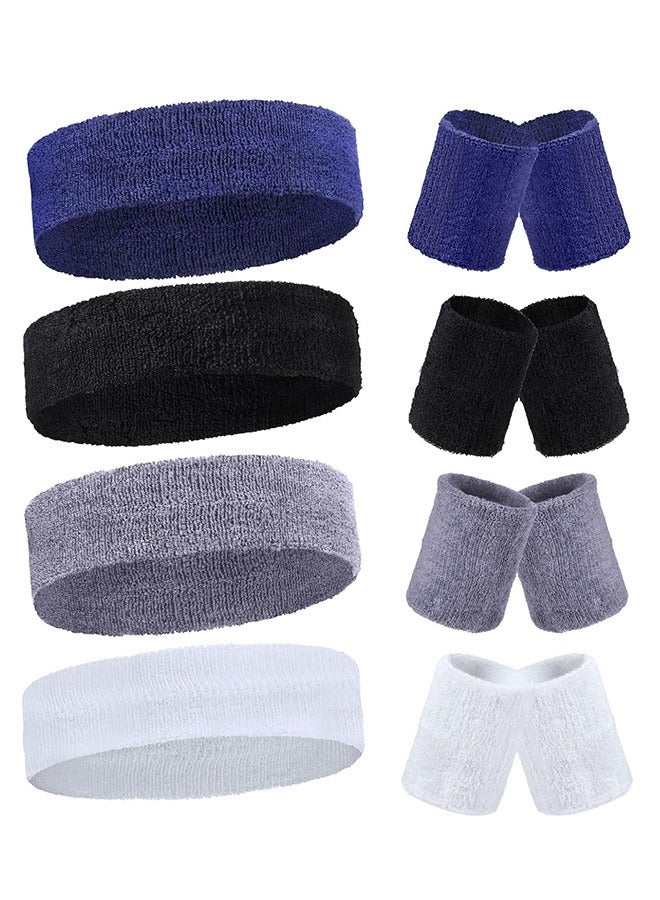 Generic 4Pcs Sweatbands and 4 Pairs Wrist Sweat Bands, Workout Headbands, Terry Cloth Sweatbands, Absorbent Nonslip Stretchy Head Wrist Sweatbands, Wicking Wristband for Men Women Fitness Athletic Sports  - Image 1