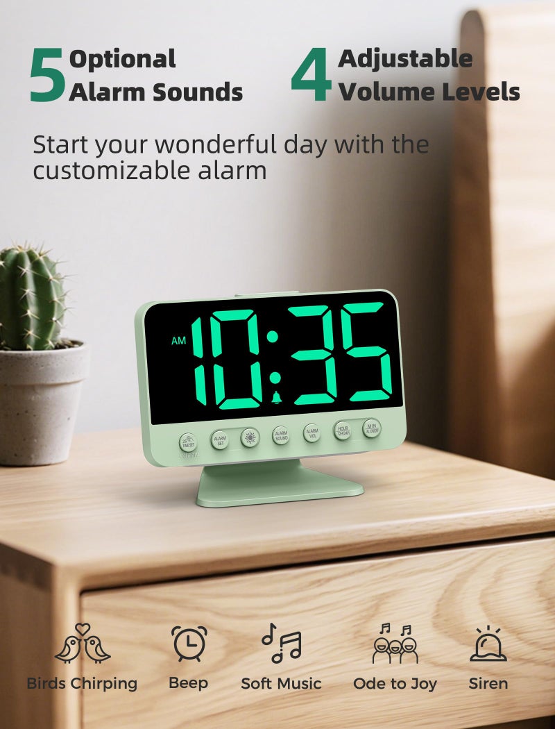 Odokee Digital Alarm Clocks for Bedrooms: Large Bold Number 5 Brightness Dimmer - Easy to Read Across The Room - 5 Alarm Sound 8 Night Light - Sage Green - Image 3