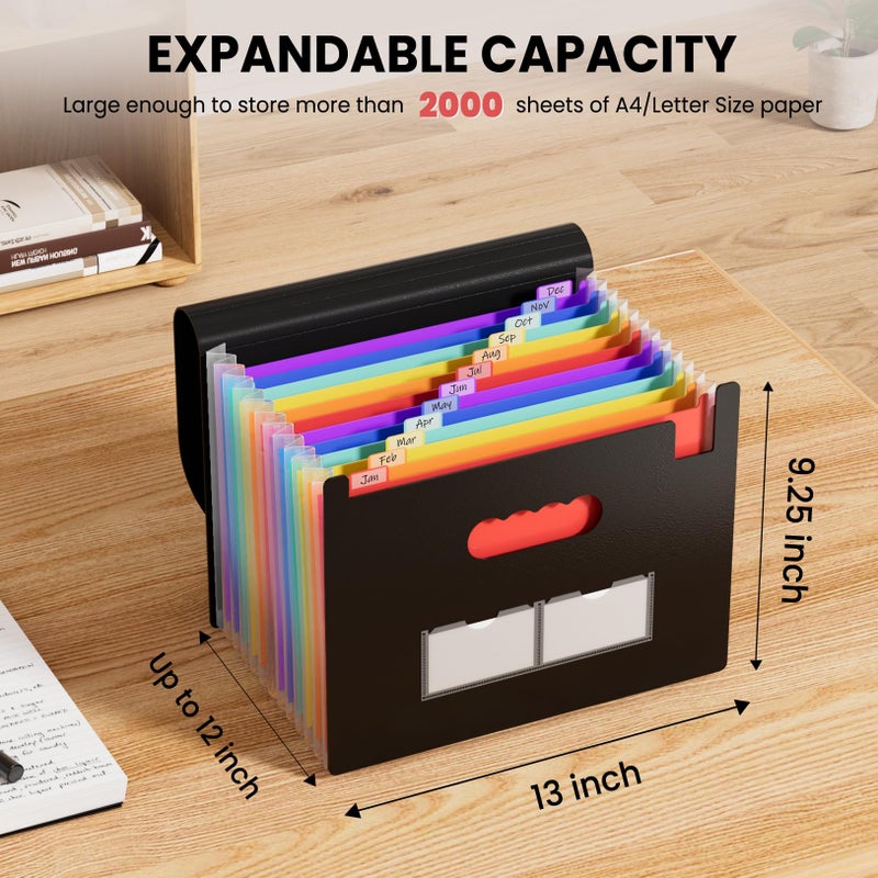 Sooez Accordion File Organizer, 13 Pockets Expanding File Folder, Portable Monthly Paper Bill Tax Receipt Organizer, Letter A4 Size Document Holder with Blank Labels, White - Image 2