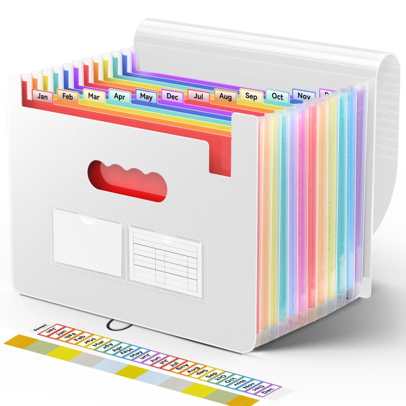Sooez Accordion File Organizer, 13 Pockets Expanding File Folder, Portable Monthly Paper Bill Tax Receipt Organizer, Letter A4 Size Document Holder with Blank Labels, White - Image 1