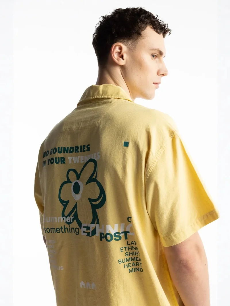 Giesto Amber Yellow GIESTO Linen Blend Short Sleeve Button-Up Shirt with Pocket for Men | Best Price UAE