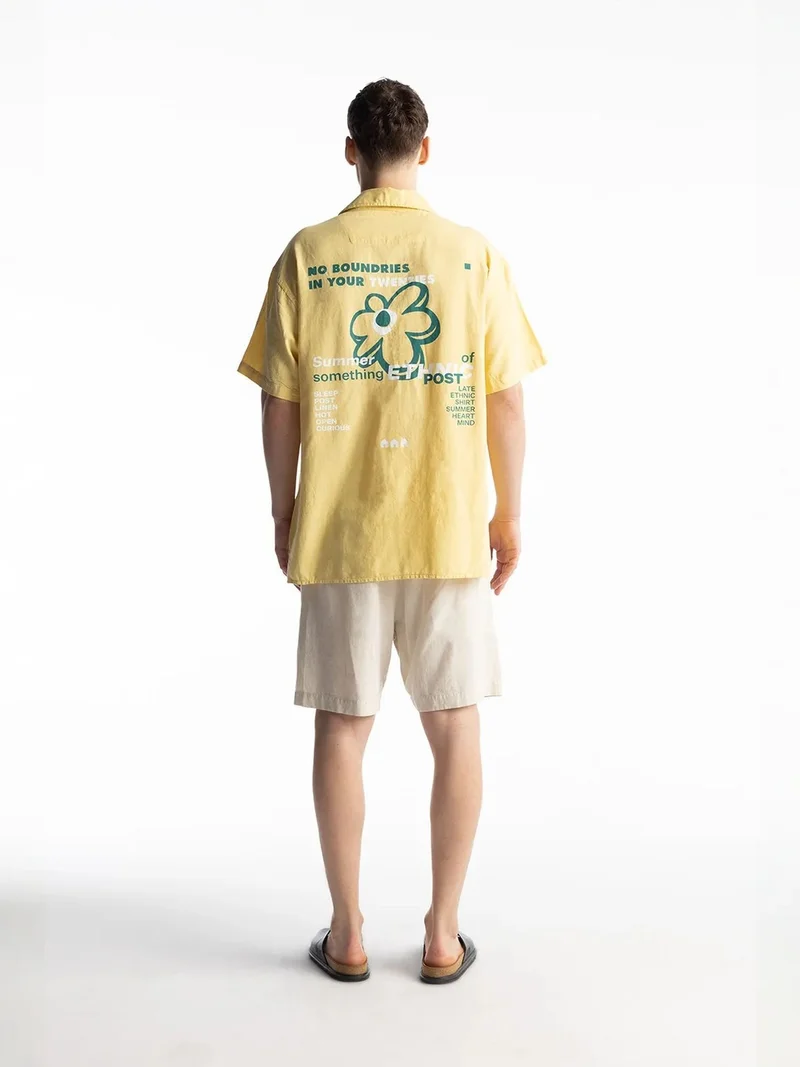 Giesto Amber Yellow GIESTO Linen Blend Short Sleeve Button-Up Shirt with Pocket for Men | Best Price UAE