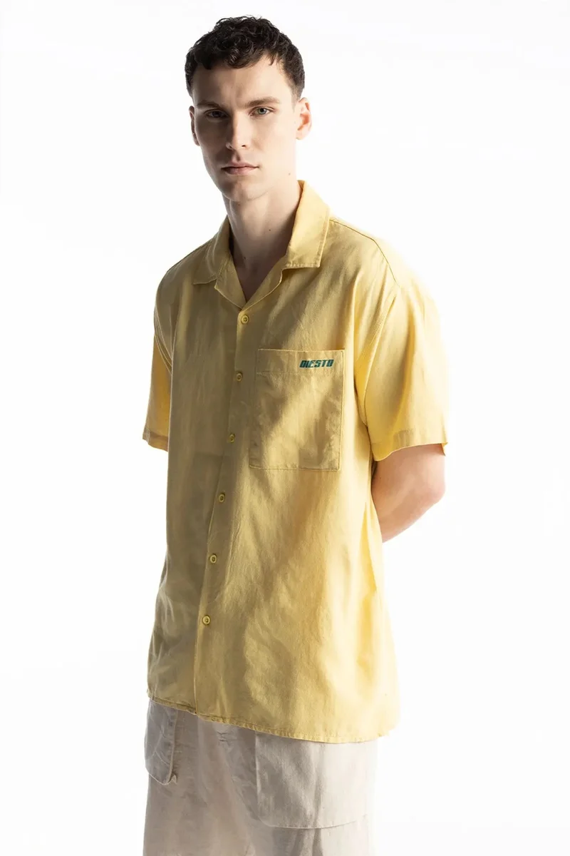 GIESTO Linen Blend Short Sleeve Button-Up Shirt with Pocket
