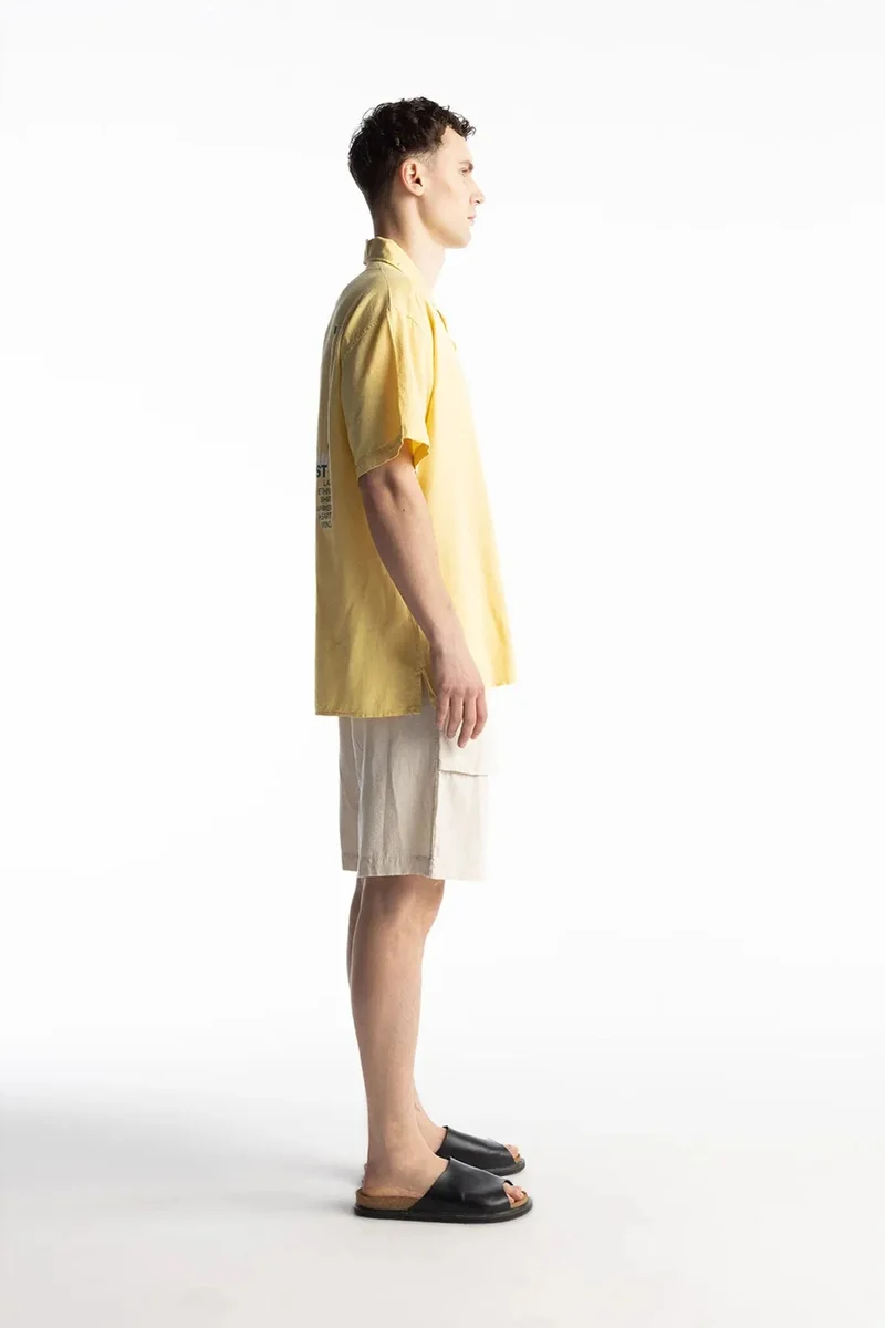 Giesto Amber Yellow GIESTO Linen Blend Short Sleeve Button-Up Shirt with Pocket for Men | Best Price UAE
