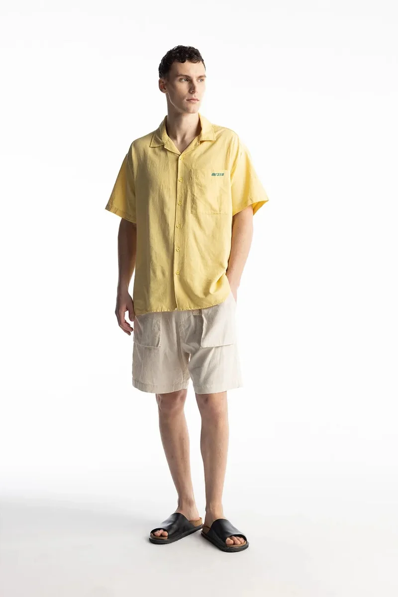 Giesto Amber Yellow GIESTO Linen Blend Short Sleeve Button-Up Shirt with Pocket for Men | Best Price UAE