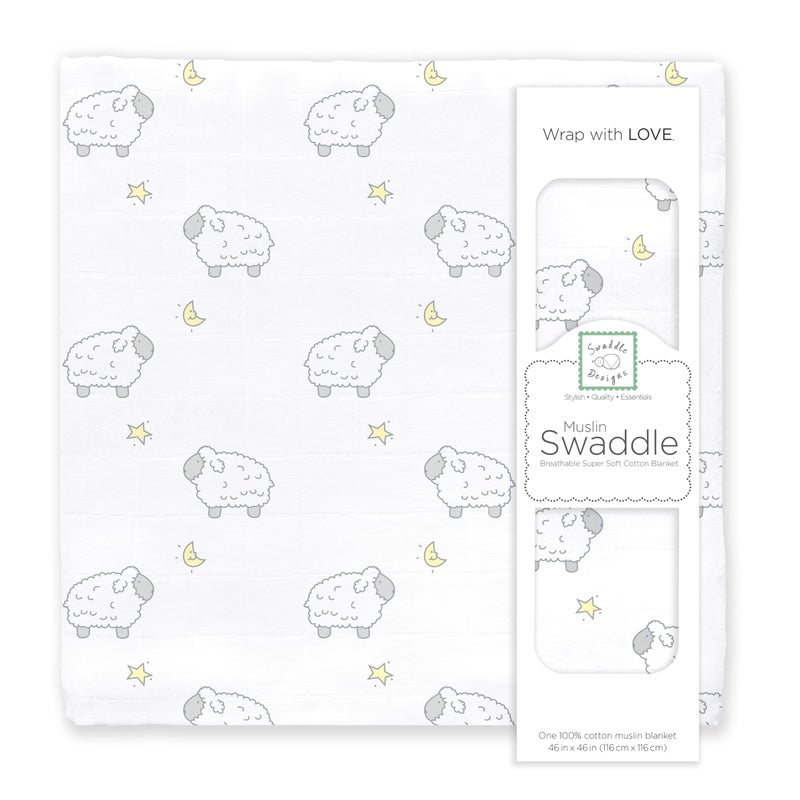 SwaddleDesigns Cotton Muslin Swaddle Blanket, Receiving Blanket for Boys & Girls, Best Shower Gift, 46x46 inches, Little Lambs, Sterling - Image 1