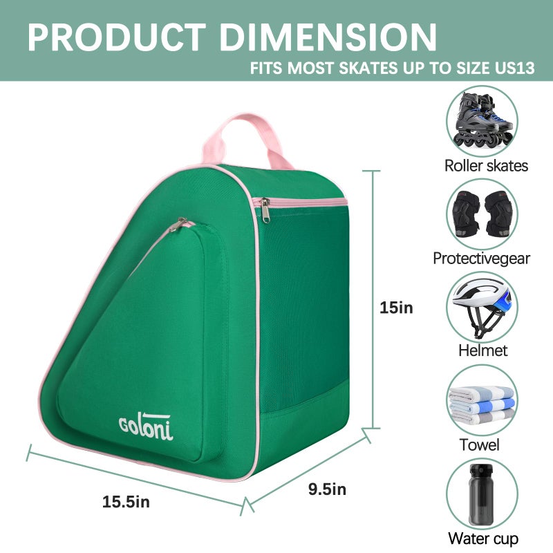 Goloni Skate Bag for Ice & Roller Skates with Side Pockets & Adjustable Strap Unisex,Green - Image 2