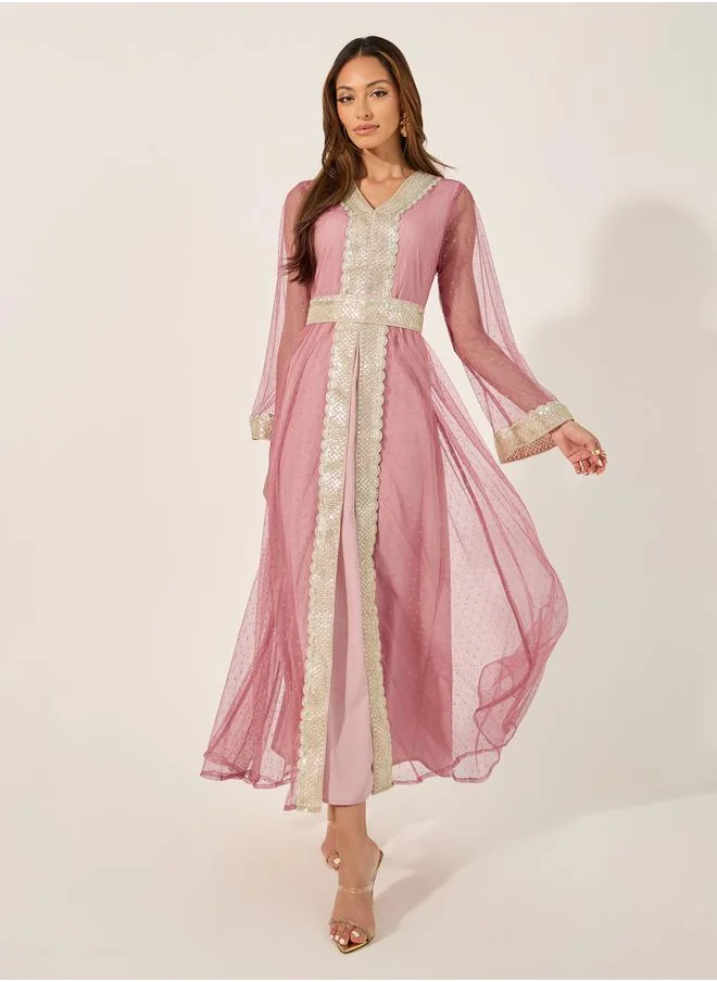 Styli Lace Trim V-Neck A-Line Belted Kaftan with Inner Dress