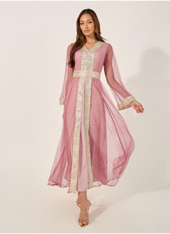 Styli Lace Trim V-Neck A-Line Belted Kaftan with Inner Dress  - Image 1