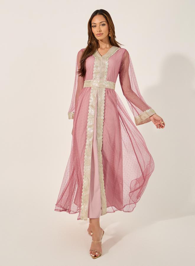Styli Lace Trim V-Neck A-Line Belted Kaftan with Inner Dress  - Image 1