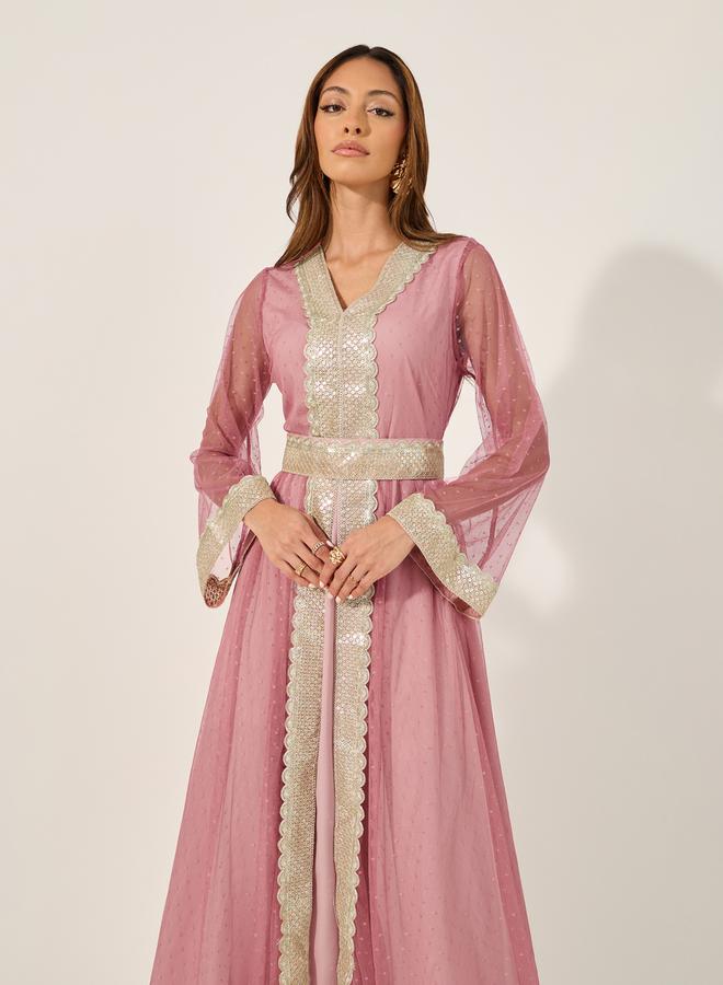 Styli Lace Trim V-Neck A-Line Belted Kaftan with Inner Dress  - Image 3