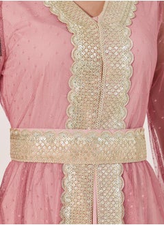 Styli Lace Trim V-Neck A-Line Belted Kaftan with Inner Dress  - Image 4
