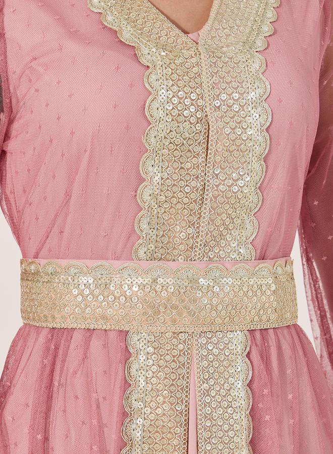 Styli Lace Trim V-Neck A-Line Belted Kaftan with Inner Dress  - Image 4