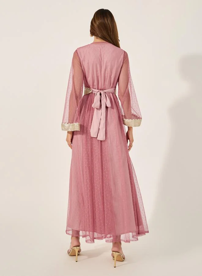 Styli Lace Trim V-Neck A-Line Belted Kaftan with Inner Dress