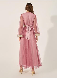 Styli Lace Trim V-Neck A-Line Belted Kaftan with Inner Dress  - Image 5