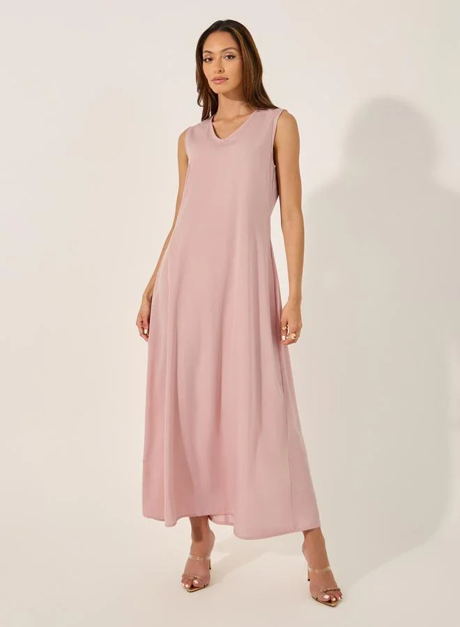 Styli Lace Trim V-Neck A-Line Belted Kaftan with Inner Dress