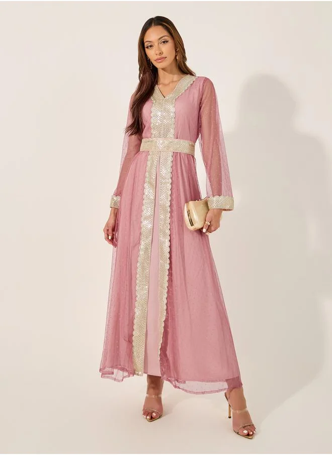 Styli Lace Trim V-Neck A-Line Belted Kaftan with Inner Dress