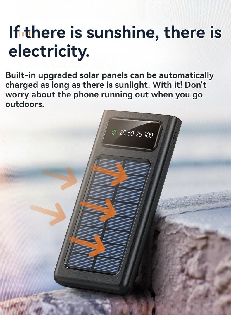 Digital display solar power bank 20000 mAh large capacity camping mobile power supply with charging cable (black)  - Image 2