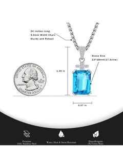 Yami Necklace For Men, Gem Quality 17.5 Carat 5A Cubic Zircon Emerald Cut Birthstone Aquamarine Sky Blue, Cross Pendant With 24" Stainless Steel Chain, Jewelry Gift For Husband/Father/Boyfriend  - Image 1