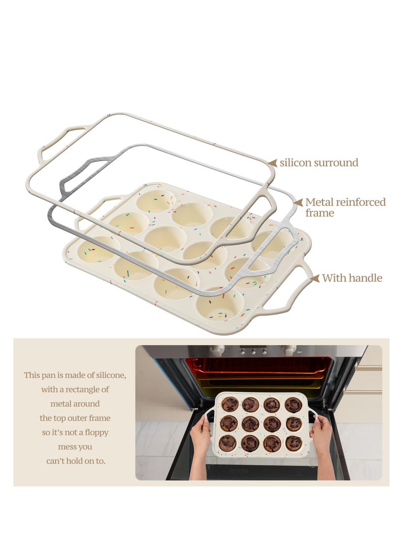 1 Pack Silicone Muffin Pan with Metal Frame 12 Cup Small Cupcake Moulds for Baking Homemade Muffins Tattlers and Egg Bites Easy to Move in or Out of Oven Dishwasher Safe Beige - Image 2