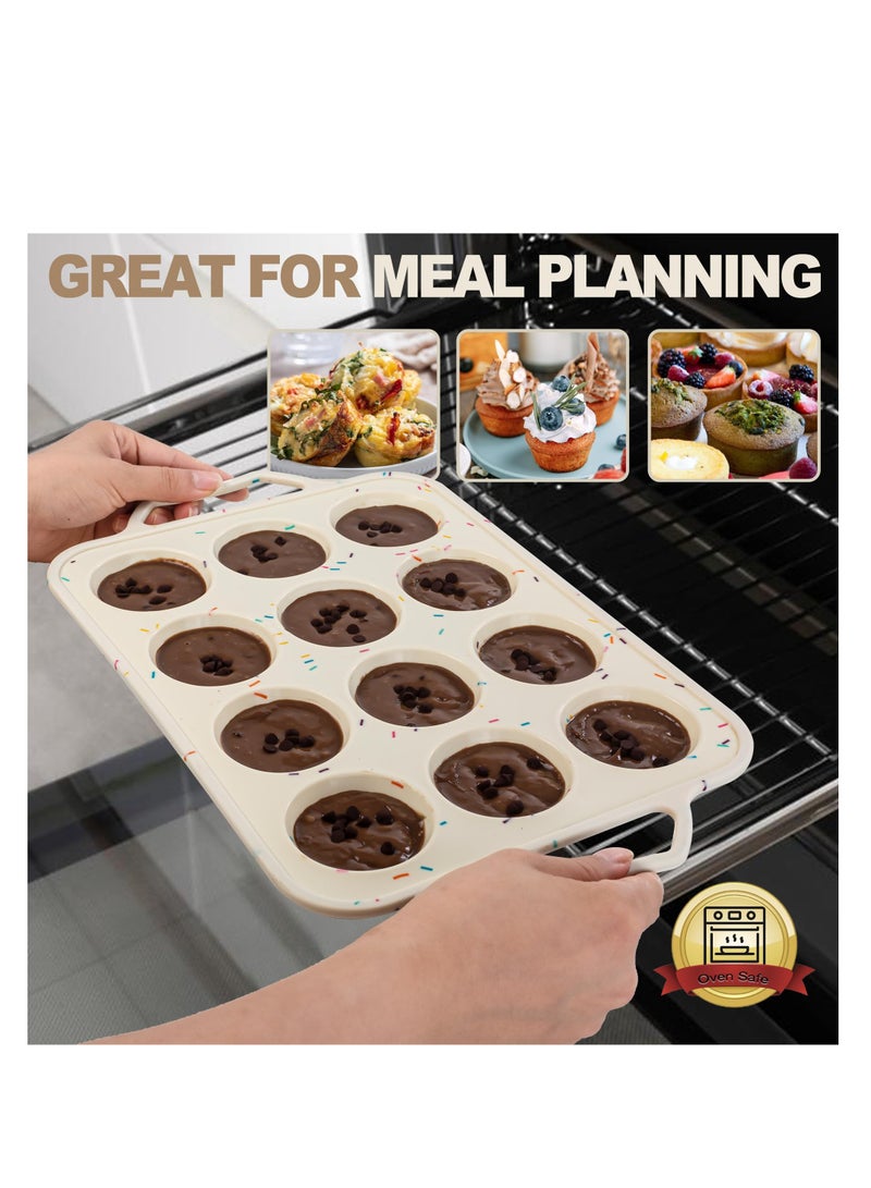 1 Pack Silicone Muffin Pan with Metal Frame 12 Cup Small Cupcake Moulds for Baking Homemade Muffins Tattlers and Egg Bites Easy to Move in or Out of Oven Dishwasher Safe Beige - Image 3