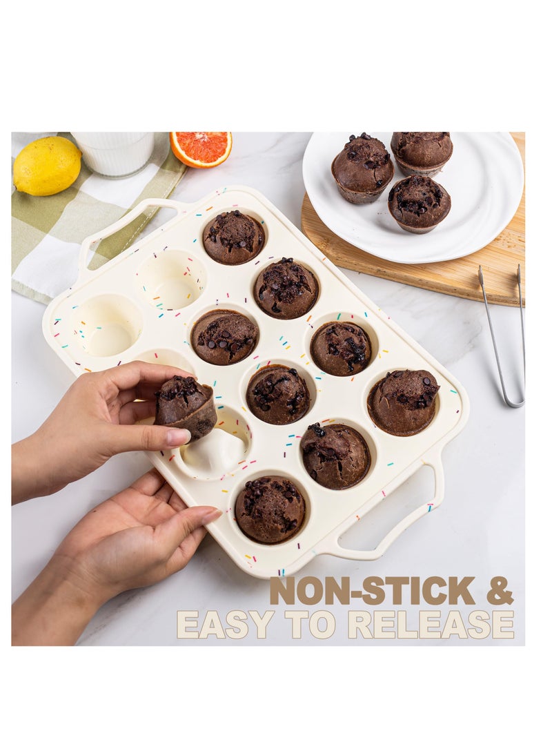 1 Pack Silicone Muffin Pan with Metal Frame 12 Cup Small Cupcake Moulds for Baking Homemade Muffins Tattlers and Egg Bites Easy to Move in or Out of Oven Dishwasher Safe Beige - Image 4