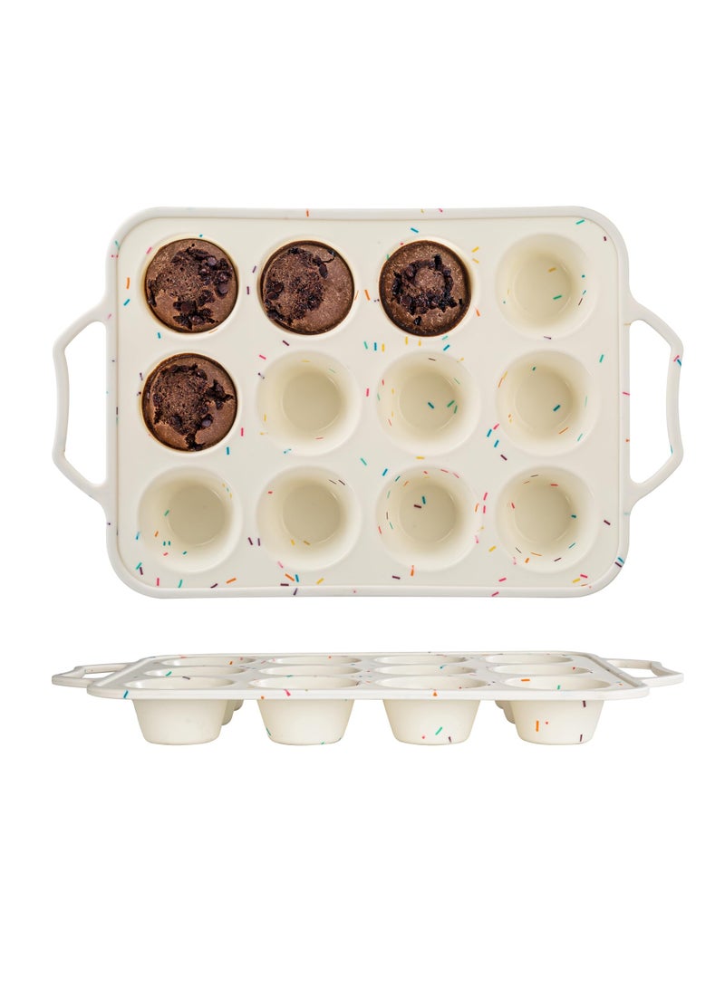 1 Pack Silicone Muffin Pan with Metal Frame 12 Cup Small Cupcake Moulds for Baking Homemade Muffins Tattlers and Egg Bites Easy to Move in or Out of Oven Dishwasher Safe Beige - Image 1