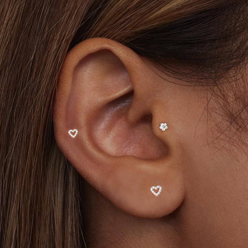 ShineRose Flat Back Stud Cartilage Tragus Helix Nose Piercing Earrings Jewelry For Women Conch Threadless 18G Titanium Surgical Steel Hypoallergenic 14K Gold plated CZ Silver Small Tiny Studs (Silver-20G(Threadless), Heart (6mm*1+8mm*1)) - Image 4