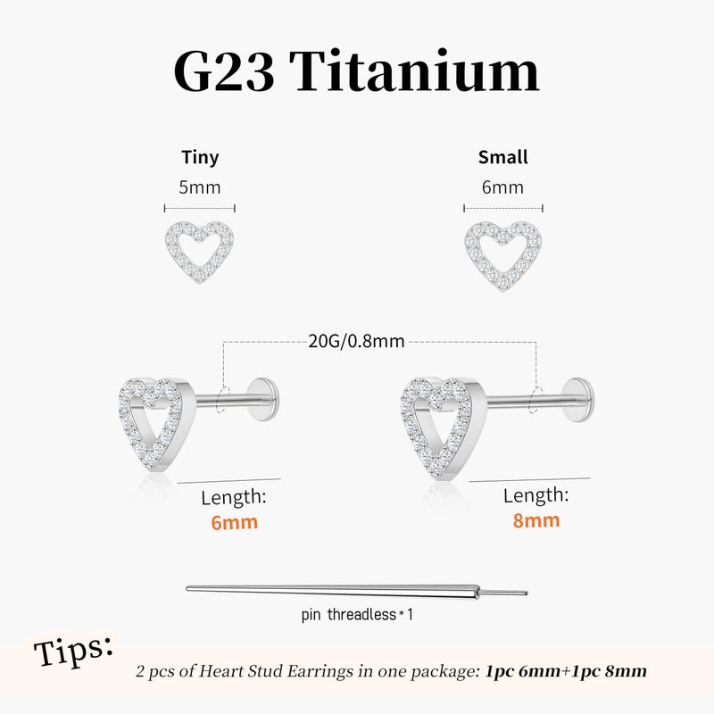ShineRose Flat Back Stud Cartilage Tragus Helix Nose Piercing Earrings Jewelry For Women Conch Threadless 18G Titanium Surgical Steel Hypoallergenic 14K Gold plated CZ Silver Small Tiny Studs (Silver-20G(Threadless), Heart (6mm*1+8mm*1)) - Image 2