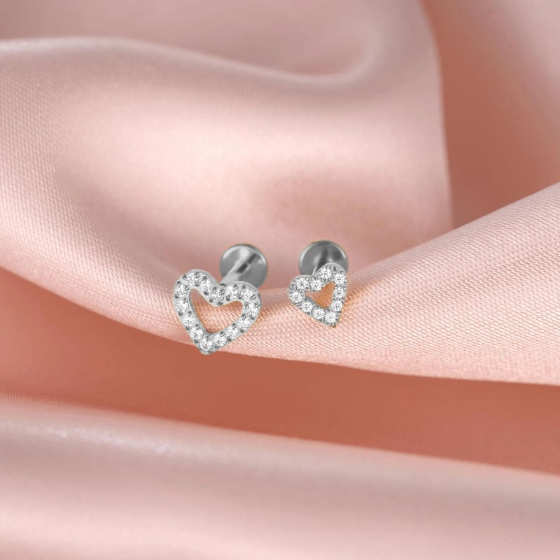 ShineRose Flat Back Stud Cartilage Tragus Helix Nose Piercing Earrings Jewelry For Women Conch Threadless 18G Titanium Surgical Steel Hypoallergenic 14K Gold plated CZ Silver Small Tiny Studs (Silver-20G(Threadless), Heart (6mm*1+8mm*1)) - Image 5
