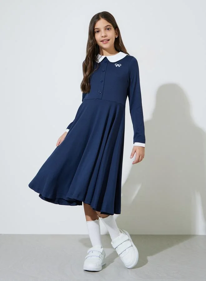 Styli Teen Girls Navy Blue Button Details Peter Pan Collar A-Line Midi Dress
