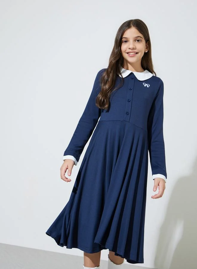 Styli Teen Girls Navy Blue Button Details Peter Pan Collar A-Line Midi Dress