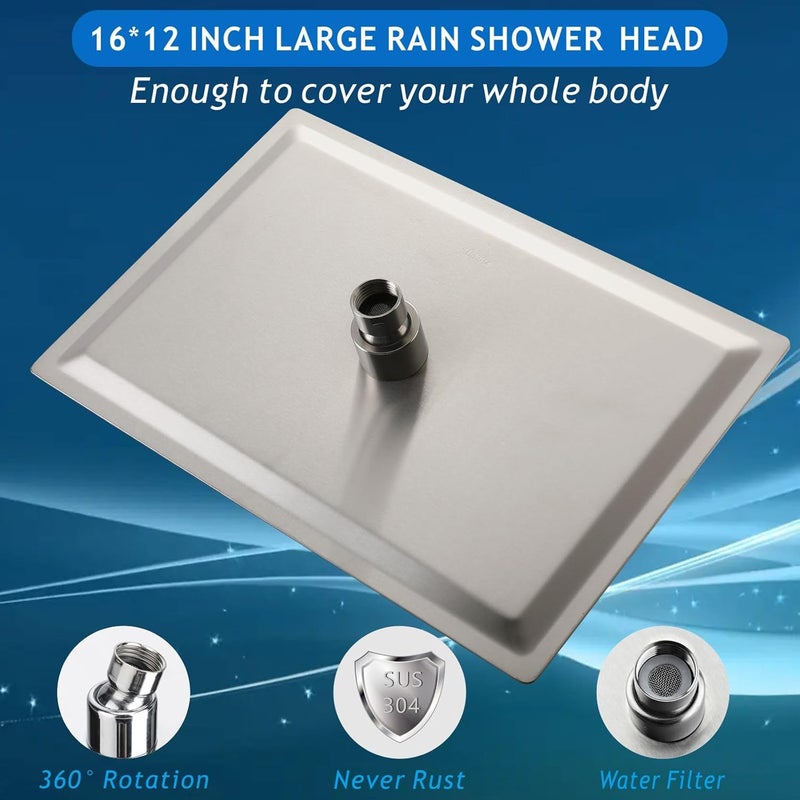 Voolan Extra Large Rain Shower Head - High Flow Square Rainfall Showerhead - Waterfall Full Body Coverage - Universal Ceiling or Wall Mount (16 * 12 Inch Rectangle, Brushed Nickel) - Image 2