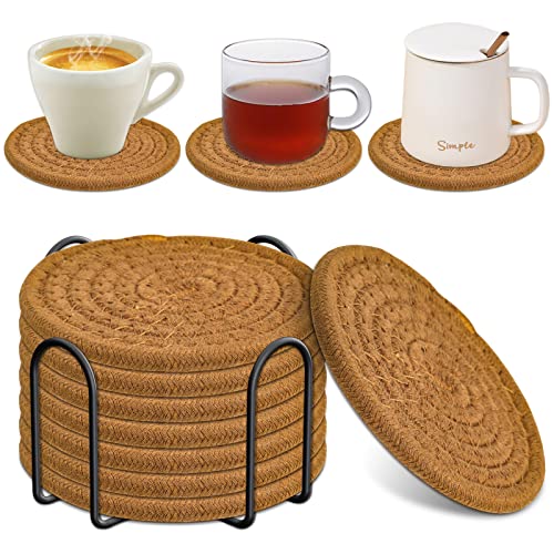 Mckanti 8 Pcs Drink Coasters with Holder, Absorbent Coasters for Drinks, Minimalist Cotton Woven Coaster Set for Home Decor Tabletop Protection Suitable for Kinds of Cups, 4.3 Inches. - Image 1