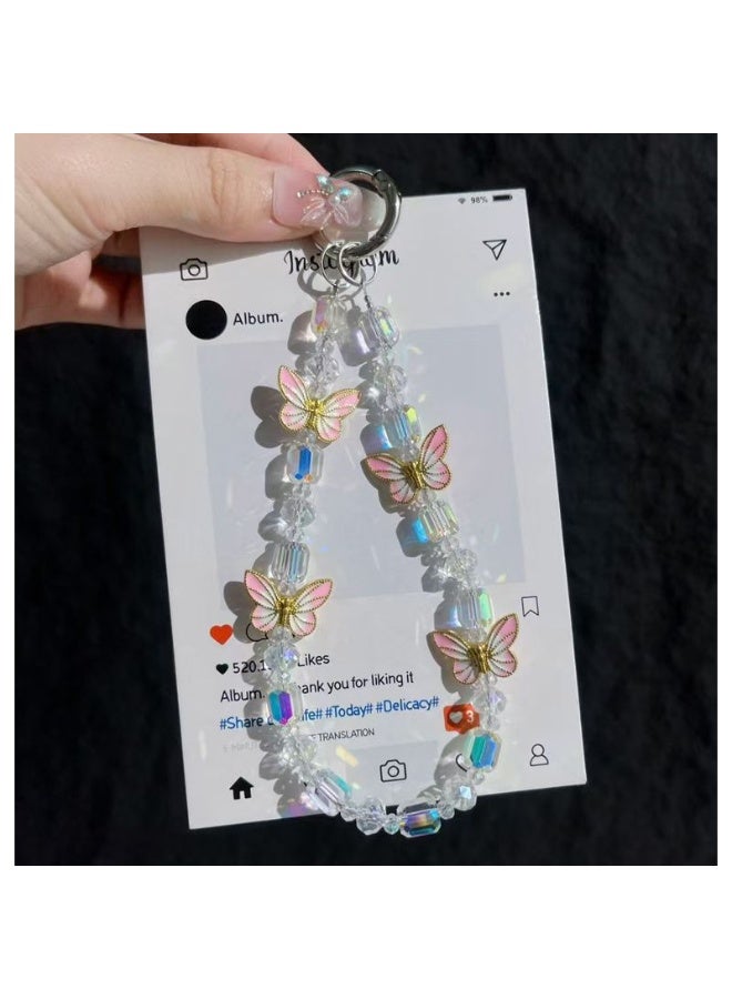NIBEMINENT Beaded Phone Lanyard, Anti Lost Removable Wrist Strap, Light Luxury Butterfly Crystal Bead Necklace Bracelet Pendant, Phone Keychain Lanyard,Shining White