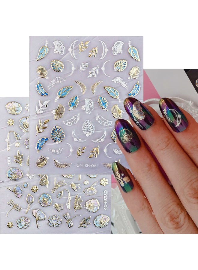 Zoance 20 Sheet 5D Embossed Nail Art Stickers,Luxury Gold Silver Nail Decals Self-Adhesive Metallic Leaves Flower Butterfly French Nail Stripe Line Stickers for Women Salon Home DIY Nail Supplies - Image 2