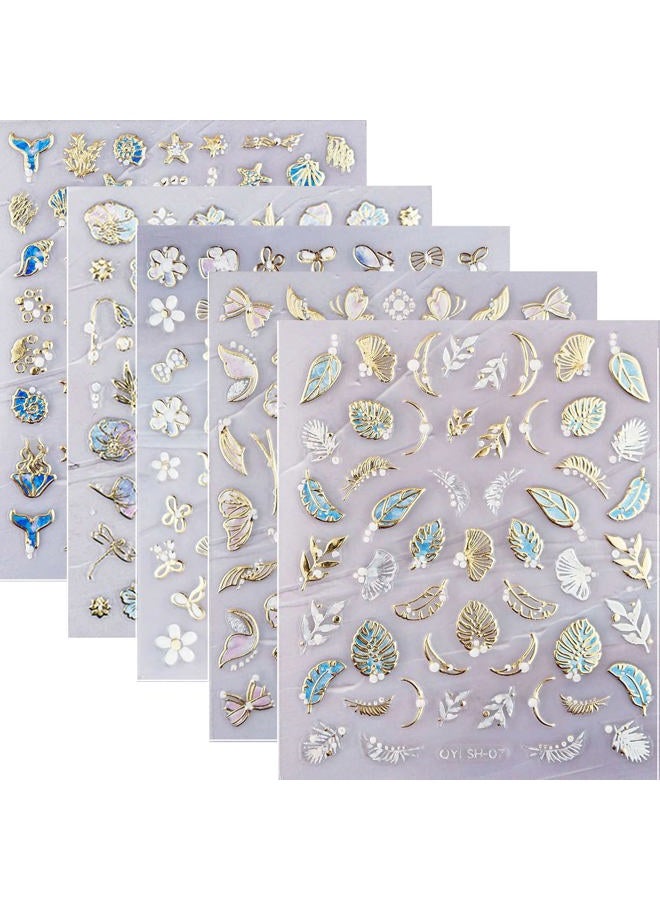 Zoance 20 Sheet 5D Embossed Nail Art Stickers,Luxury Gold Silver Nail Decals Self-Adhesive Metallic Leaves Flower Butterfly French Nail Stripe Line Stickers for Women Salon Home DIY Nail Supplies - Image 1