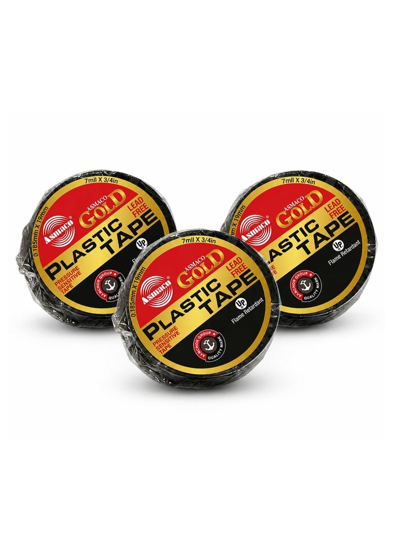 3 Pack PVC Electrical Tape, Lead-Free, Flame Retardant, 19mm x 0.185mm, Black