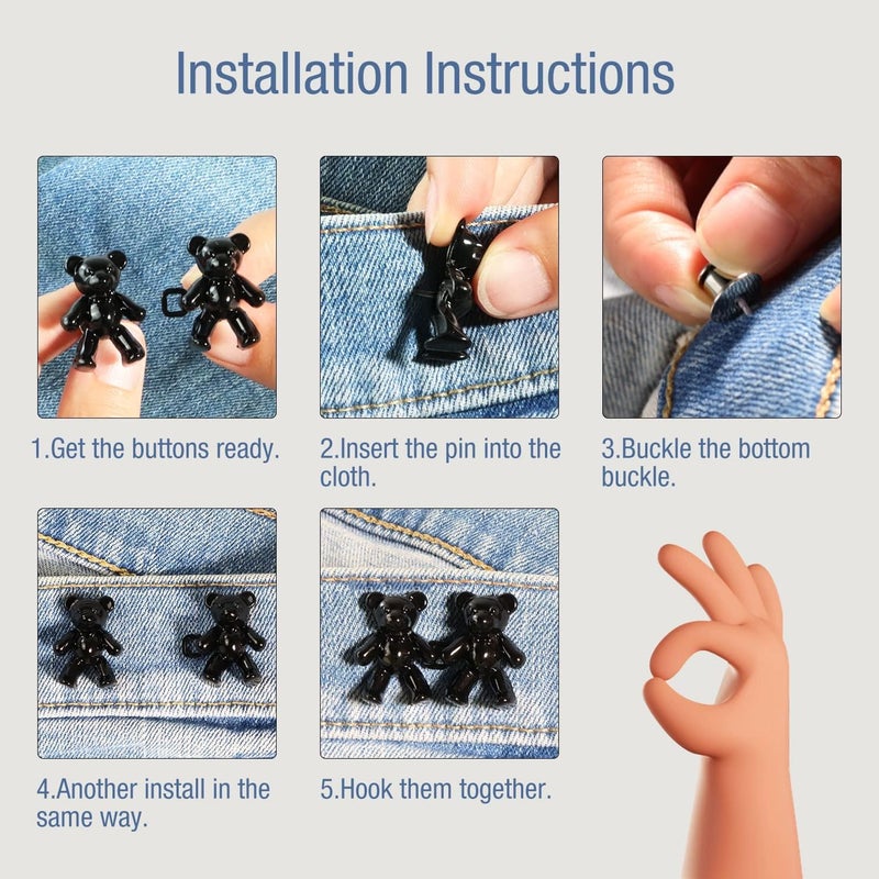 Sileni Cute Teddy Bear Jeans Button Pins No Sew Detachable Waist Body Fit Tighten Buckles Perfect Gifts for Women Girls Skirt Pant Jeans 2pcs