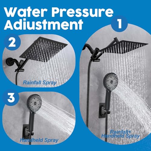 Ashwanth Shower Head,8”Rain Shower Head with Handheld Spray Combo and Adjustable Extension Arm/3-Way Flow Regulator/Shower System,High Pressure Rain Fall Hose,Matt Black - Image 2
