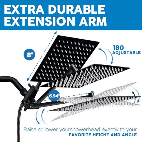 Ashwanth Shower Head,8”Rain Shower Head with Handheld Spray Combo and Adjustable Extension Arm/3-Way Flow Regulator/Shower System,High Pressure Rain Fall Hose,Matt Black - Image 3